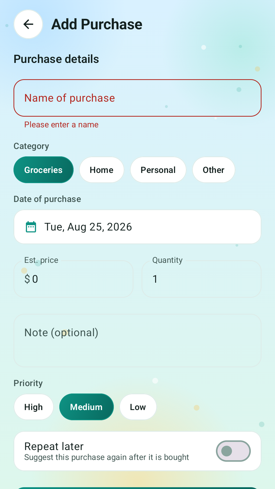 White Cart Planner add purchase screen