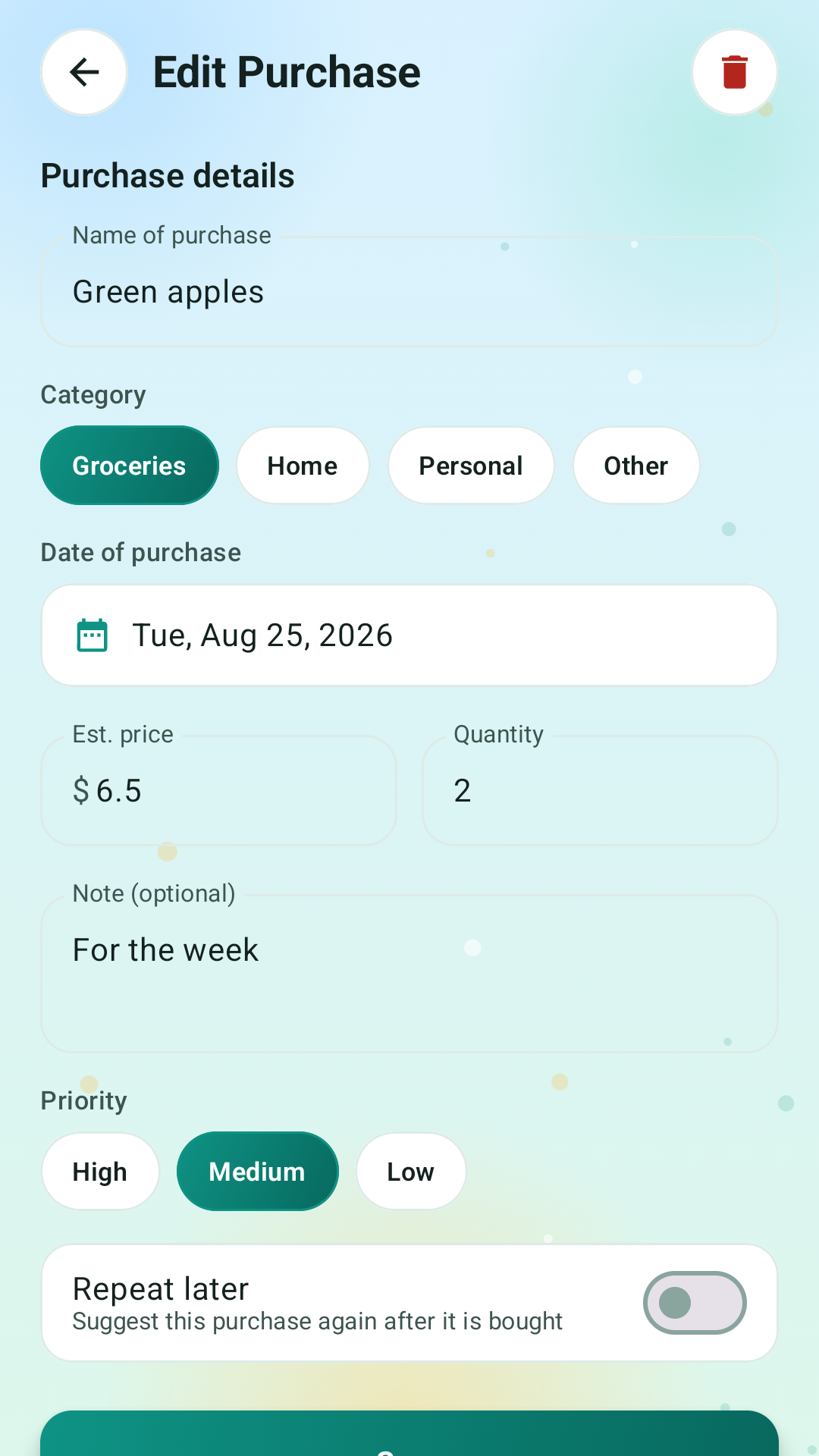 White Cart Planner edit purchase screen