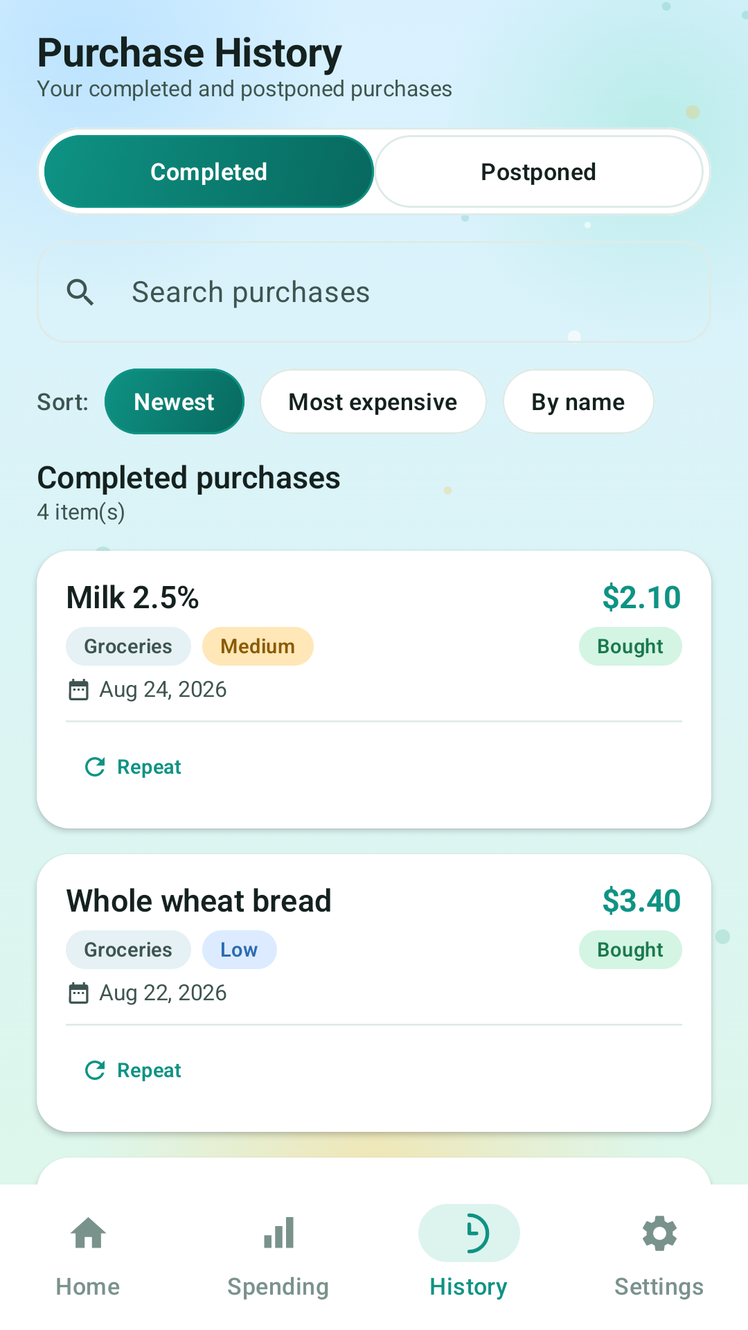 White Cart Planner history screen