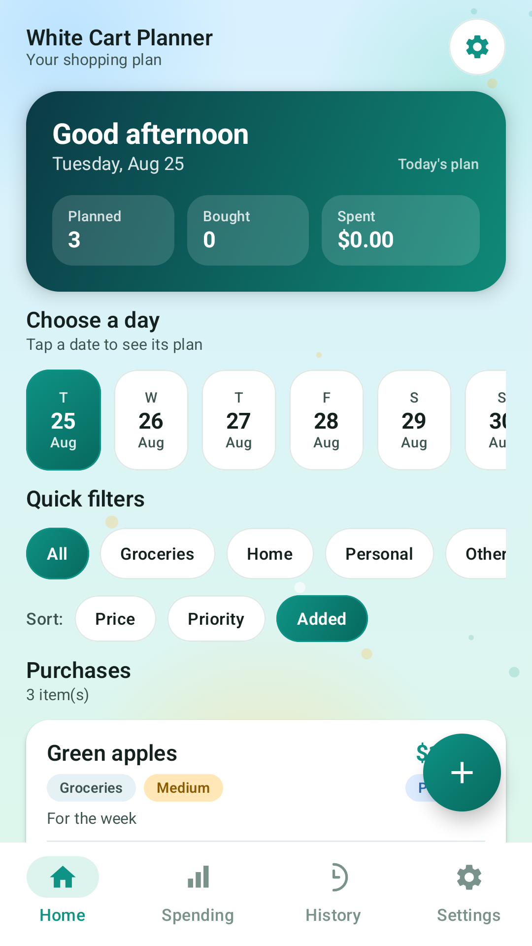 White Cart Planner home screen